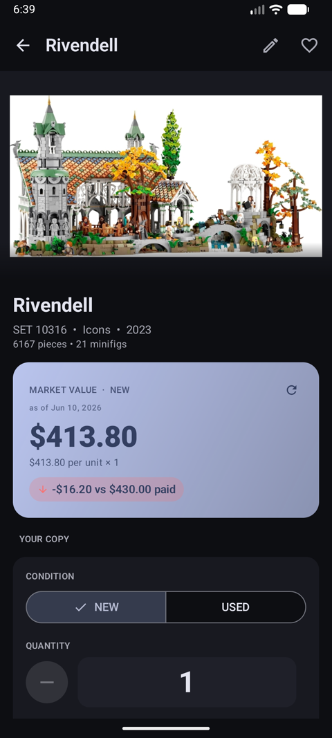Item detail screen showing Rivendell with live market value, profit vs purchase price, and as-of date