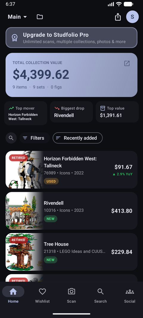 Studfolio home screen showing a LEGO collection valued at $4,399 with set cards