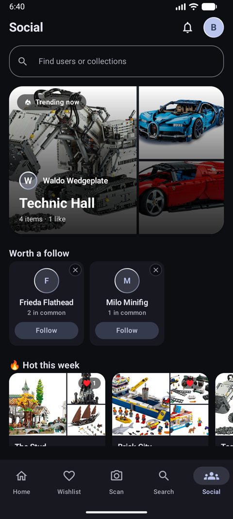 Social tab with trending collections and follow suggestions